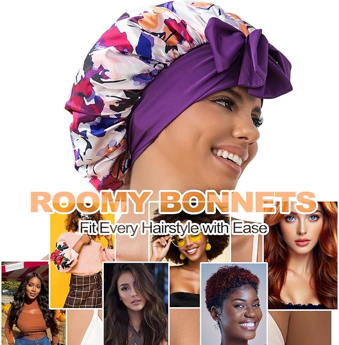 GDTOGRT Satin Silk Bonnet for Sleeping Women, Double Layer Sleep Hair Bonnets Caps for Curly Natural Hair with Tie Band - Purple-Mix
