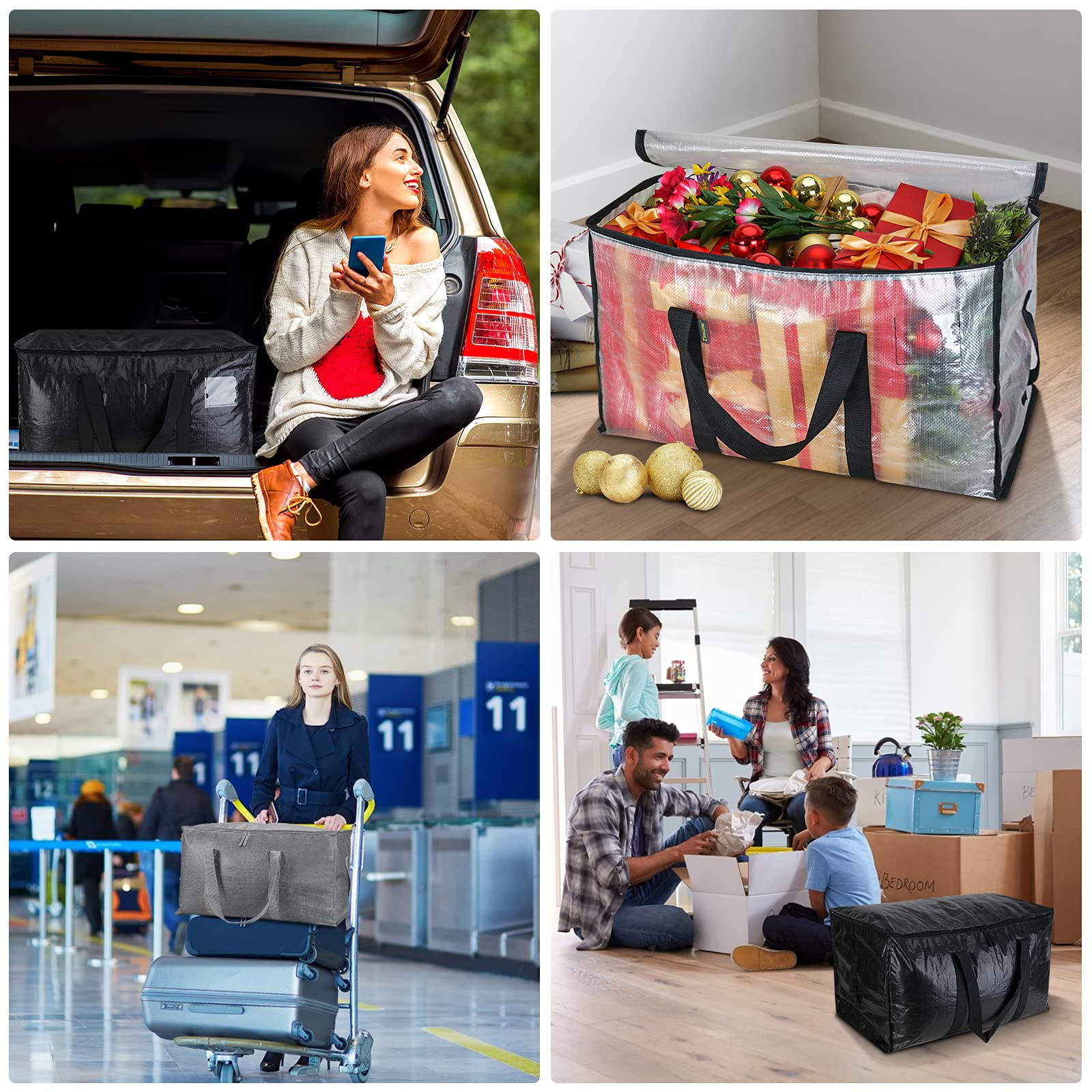 BALEINE 4-Pack Oversized Moving Bags with Reinforced Handles, Heavy-Duty Storage Tote for Clothes, Moving Supplies (Winter Grey, 4-Pack)