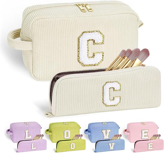 YOOLIFE 2 Small Make Up Bag Makeup Pouch - Travel Makeup Bag Makeup Brush Bag Cosmetic Bag Travel Essentials Girls Makeup Bags for Women Cute Makeup Bag Personalized Gifts for Women Her White Letter C