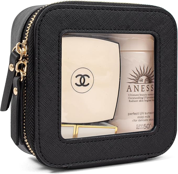 KOTORA Small Makeup Bag for Purse Travel Makeup Bag Clear Cosmetic Bag for Beach, Car Make Up Bag Organizer Storage Traveling Car Accessories Travel Beach Essentials for Women (Mini Black)