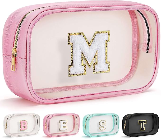 YOOLIFE Initial Birthday Gifts for Women Girl Teacher Appreciation Gifts for Teacher Women Birthday Gift for Kids Girls | Clear Makeup Bag Initial Pouch Travel Toiletry Bag | Cosmetic Bags Pink M