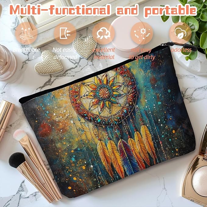 Scribesense Cosmetic Bags Travel Makeup Toilet Case Waterproof Pouch for Women Girls 6.7X9.45inches - Ornate Dreamcatcher With Colorful Feathers And Beads