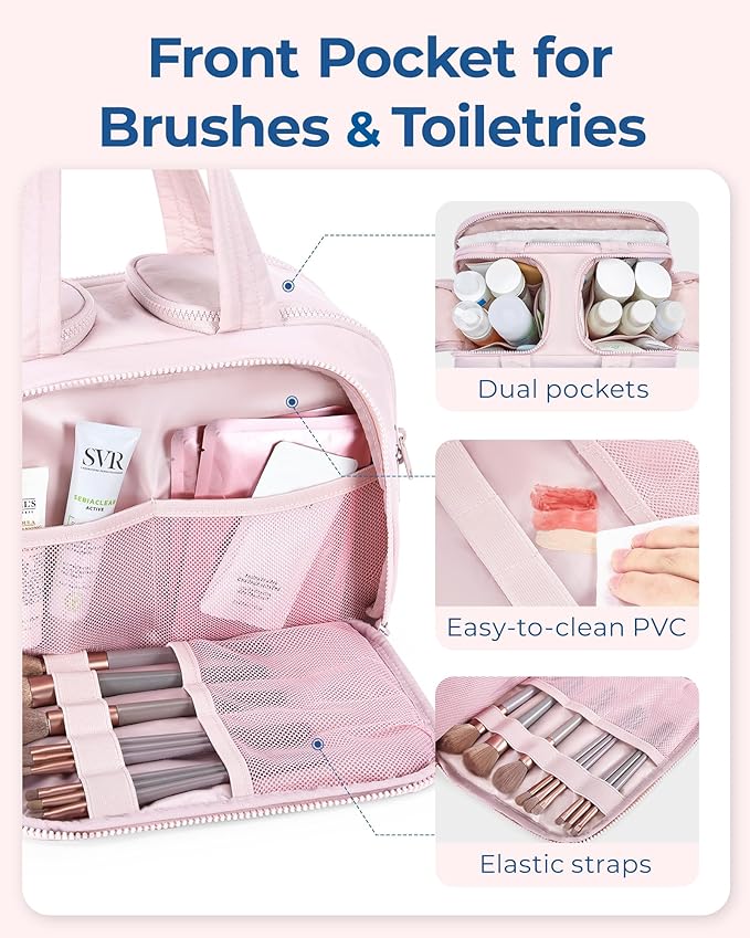 BAGSMART Travel Toiletry Bag, Crush Toiletry Bag for Women, Wide-open Puffy Toiletry Bags for Traveling, Large Travel Cosmetic Makeup Bag Organizer for Accessories,Toiletrie, Pink