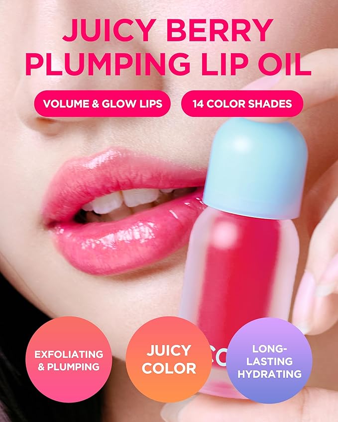 TOCOBO Juicy Berry Plumping Lip Oil 03 Black Cherry (Deep Berry Red) – Korean Vegan Tinted Lip Gloss Oil with Volufiline, Buildable Color, Glassy Shine, Easy-Care Silicone Tip, Non-Sticky, 0.12 fl.oz