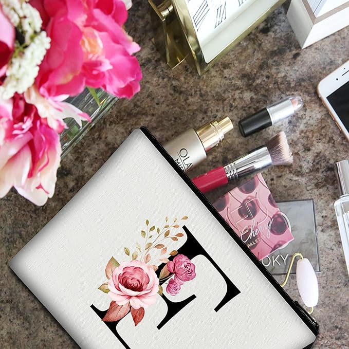 Vavabox A-Z Personalized Makeup Bag, Birthday Gifts for Women Mom, Gifts for Best Friend, Bride Bridesmaid Cosmetic bag (E, 01-White)