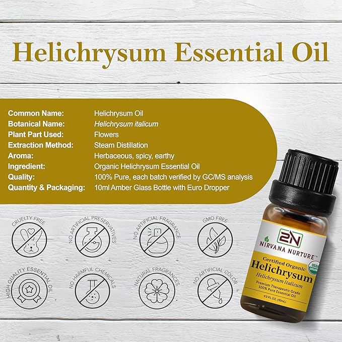 Nirvana Nurture Helichrysum Essential Oil, USDA Certified Organic, 100% Pure Undiluted, Aromatherapy Oil for Diffuser, Hair & Skin Care