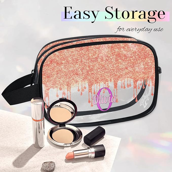 KFNHN Custom Name Makeup Bag Travel Bag, Clear Toiletry Bag Travel Large Capacity Cosmetic Container Organizer for Shampoo, Glittering Orange Curtain Bling