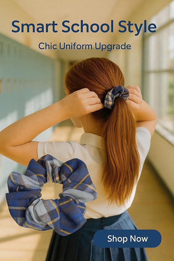 ClassExceed School Uniform Plaid, Plaid Scrunchie, Back to school, handmade school uniform hair accessories (Navy Gold gray Plaid57)