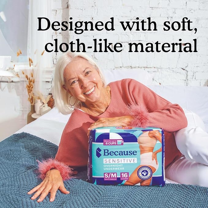 Because Adult Incontinence Underwear for Sensitive Skin - Women - Premium Overnight Disposable Briefs, Anti Odor - White, Large - Absorbs 6 Cups - 14 Count (Pack of 1)