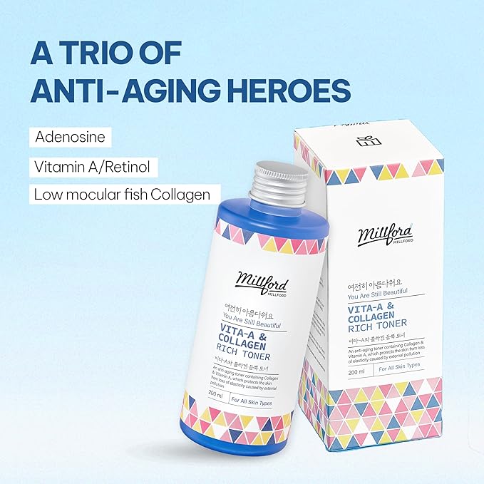 Millford Vita A & Collagen Rich Toner 200ml/6.76 fl.oz - Anti-Aging Retinol Face Toner with Marine Collagen & Panthenol for Fine Lines, Wrinkles, Elasticity & Deep Hydration, Korean Skincare