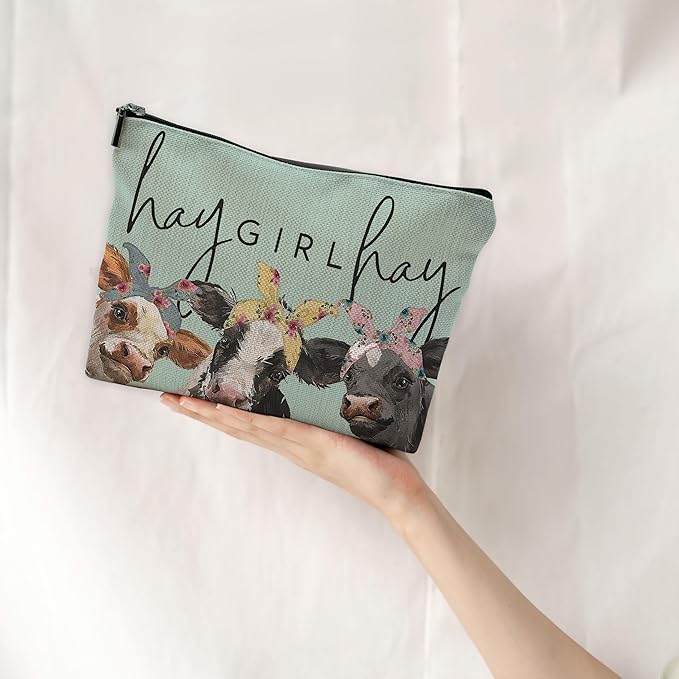 NEGIGA Small Travel Makeup Bag, Mini Cute Cow Print Makeup Bag for Purse, Small Toiletry Bags for Women, Western Gifts for Women, Cow Gifts for Cow Lovers/Cowgirls - Green