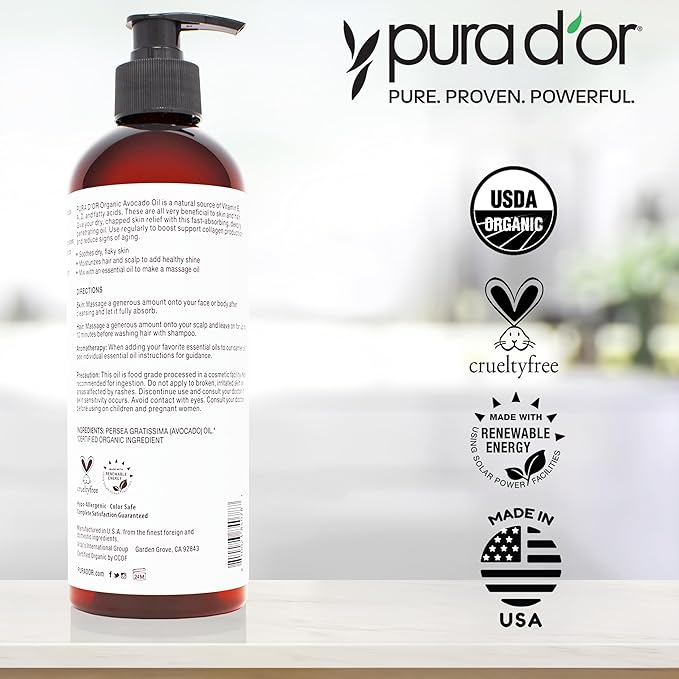 PURA D'OR ORGANIC Avocado Oil (16 Oz) 100% Pure & Natural USDA Certified Cold Pressed