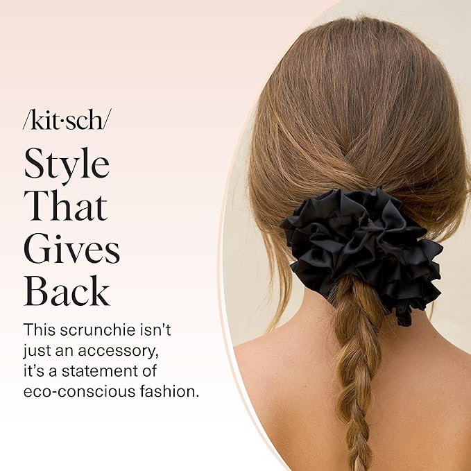 Kitsch Ruffle Satin Scrunchies For Women - Gentle Hair Tie - Black, 1pc