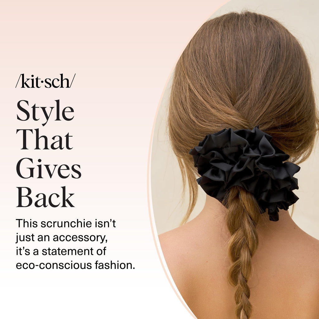 Kitsch Ruffle Satin Scrunchies For Women - Gentle Hair Tie - Black, 1pc