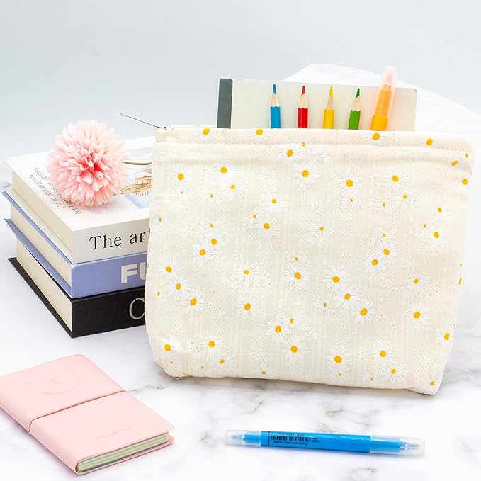 Flat Makeup Bag for Women,Zipper Cosmetic Pouch for Purse,Daisy Beige