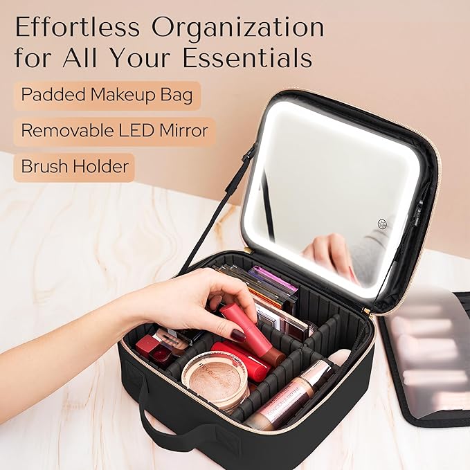 Aura In Bloom Makeup Bag with LED Mirror – Travel Cosmetic Organizer with Lighted Mirror, Adjustable Dividers & Brush Holder Storage – Portable PU Leather Makeup Case for Women & Girls - Black