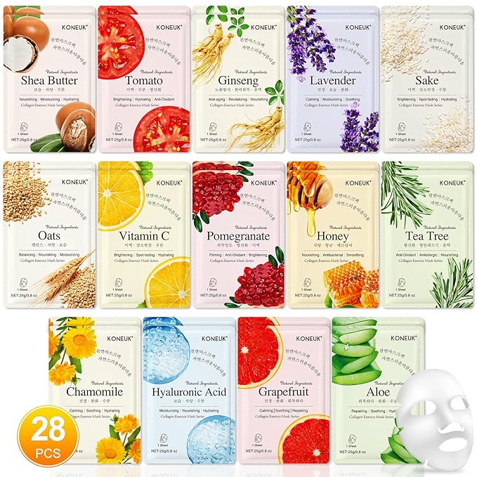 KONEUK 28 Pack Sheet Face Masks Skincare, Hydrating Face Masks Suitable for Dry Skin, Bulk Facial Mask Gifts Set for Women Skin Care, Home Skincare Spa for Most Skin Types