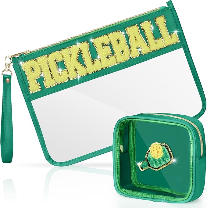 BuyCard 2 Pcs Pickleball Gifts Cosmetic Makeup Bag with Chenille Letter Patch, Clear Pouch PVC Organizer Purse, Waterproof Travel Bag, Portable Toiletry Storage Bag for Her Girls Friends Women