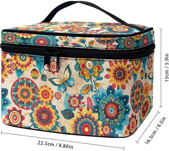 Drydeepin Boho Style Mandala Butterfly Pattern Travel Makeup Bags for Women Portable Tote Cosmetic Case with Carry Handle Toiletry Accessories Storage Organizer Bags