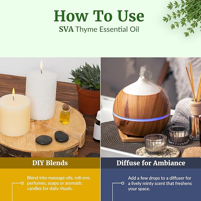 SVA Thyme Essential Oil 4 Fl Oz – for Diffuser, Skin & Hair Care – Ideal for Massage & DIY Blends – with Dropper