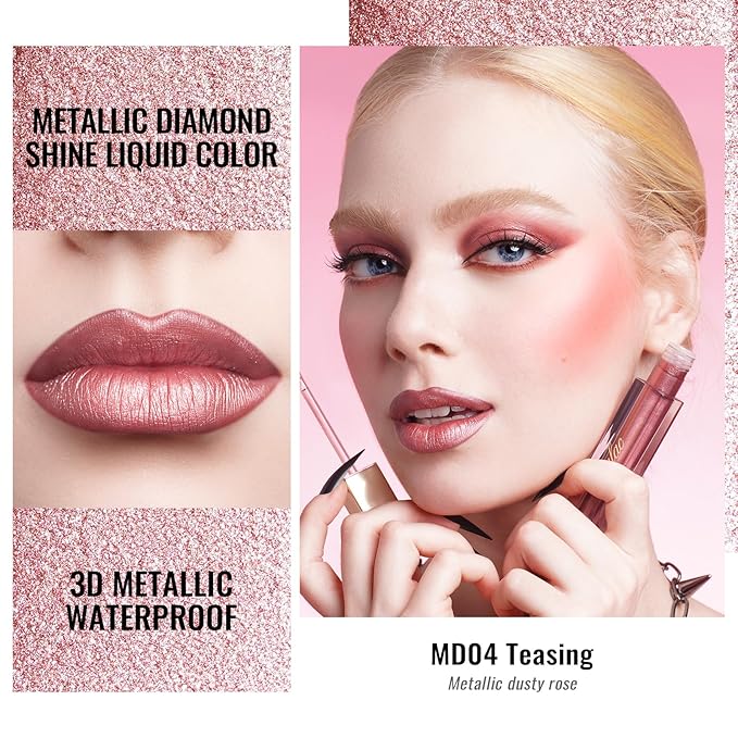Oulac Mauve Pink Lipstick for Women - Metallic Liquid Lip Gloss, Long Lasting Waterproof, Oil-Based Formula, Transferproof, Vegan & Cruelty-Free Lip Makeup MD04