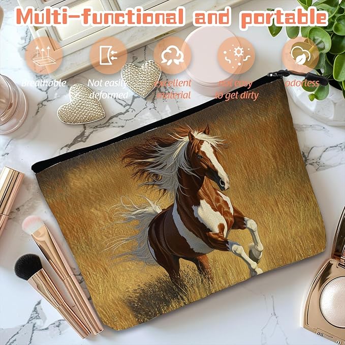 Scribesense Cosmetic Bags Travel Makeup Toilet Case Waterproof Pouch for Women Girls 6.7X9.45inches - Horse Galloped on The Golden Grass
