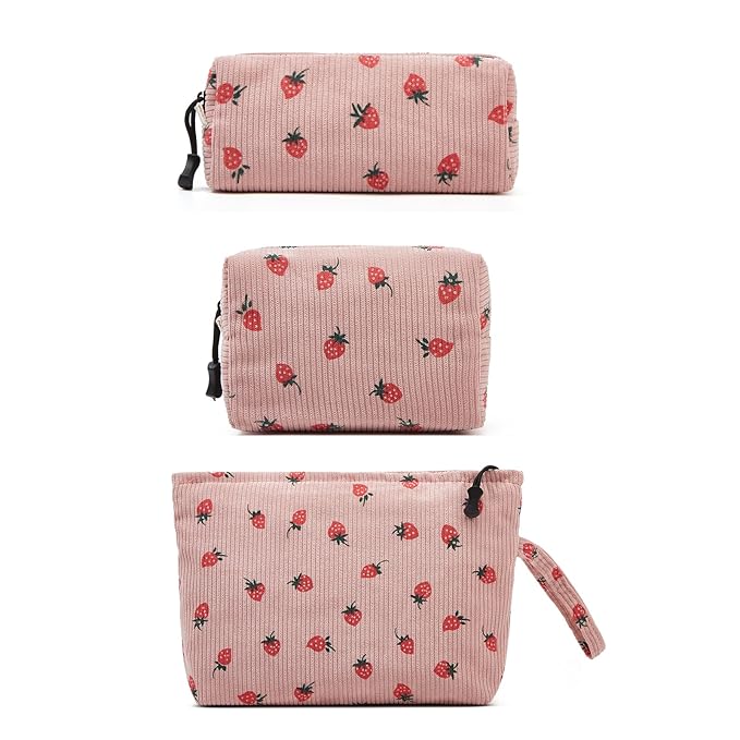 ZOEMTIU Makeup bag set small Cosmetic bag for women purse Corduroy Organizer with interior Pockets,cute Pencil zipper Pouch travel Toiletry Bag with handle((Strawberry Pink)