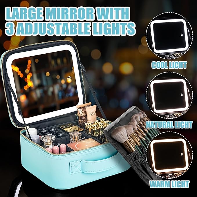 Extrei Gent Makeup Travel Train Case with Mirror LED Light 3 Adjustable Brightness Large Cosmetic Bag Portable Storage Adjustable Partition Waterproof Makeup Brushes Make up Jewelry Gift for Women