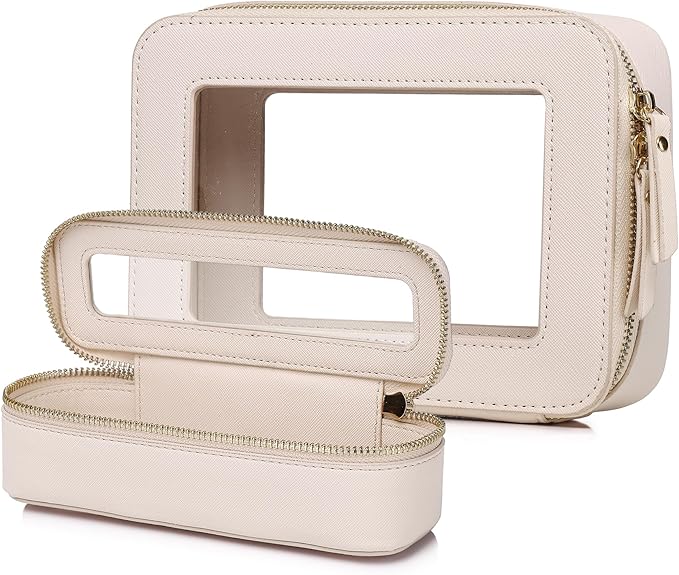 Pinkmik Travel Clear Makeup Bag with Brush Case TSA Approved Toiletry Bag Waterproof Cosmetic Organizer with Zipper Car Essential for Women (Beige, M+SLIM)