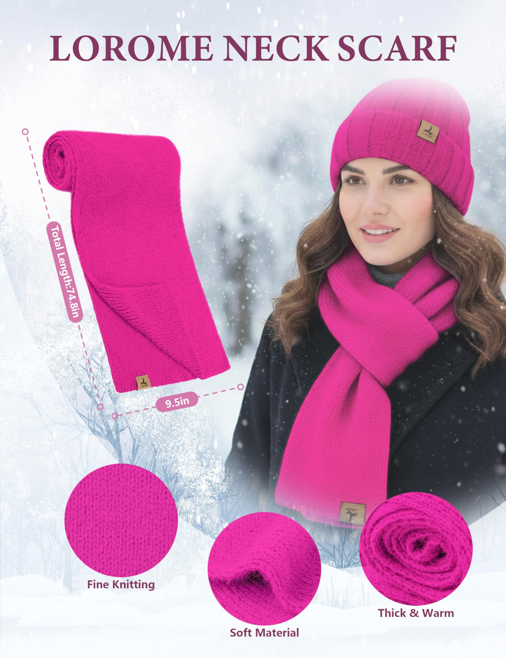LOROME Winter Beanie Hat Gloves Scarf, Cashmere Hat Gloves Scarf Set Women