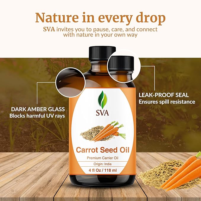 SVA Carrot Seed Oil - 4 Fl Oz - for Face, Skin Care, Hair Care, Scalp Massage & Body Massage – Carrier Oil with Dropper