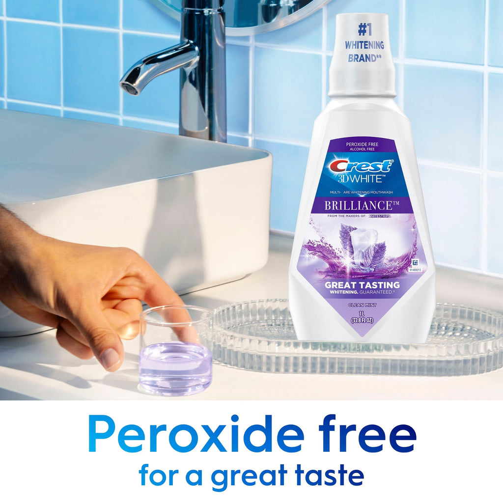 Crest Mouthwash/Mouth Rinse, 3D White Brilliance Whitening, Alcohol Free, Clean Mint, 2x1L (33.8 fl oz)