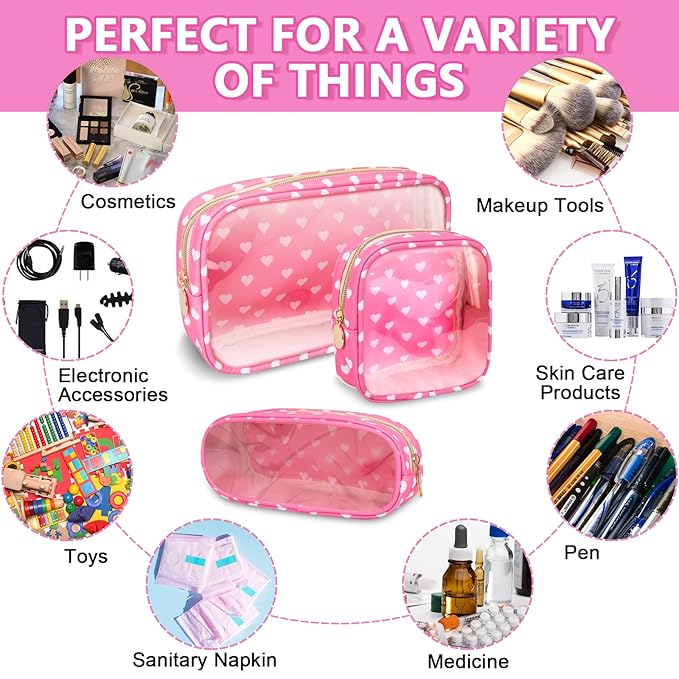 UIXIZQ Clear Mini Makeup Bag for Purse, Small Nylon&PVC Cosmetic Travel Bag TSA Approved Toiletry Bag with Zipper, Preppy Transparent Makeup Travel Bag Coin Purse for Women Men Girls(Mini-Pink Heart)