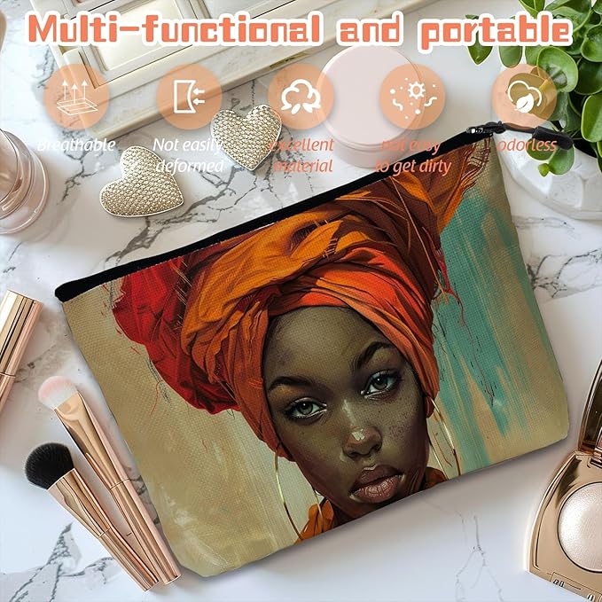 Scribesense Cosmetic Bags Travel Makeup Toilet Case Waterproof Pouch for Women Girls 6.7X9.45inches - Orange Turban And The Intense Gaze of A Lady