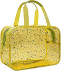 Junesters Clear Yellow Star Large Makeup Bag with Star Pattern 12x5x8 inch, Travel Cosmetic Bag with Handle, Durable PVC Material Washbag Zipper Opening Design for Makeup Travel Organizer or Gym Use