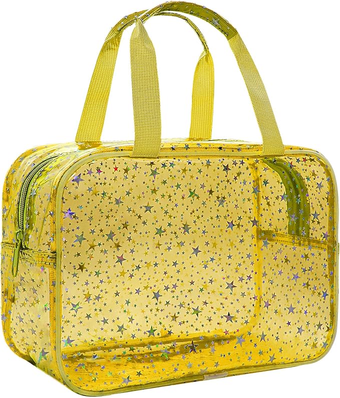 Junesters Clear Yellow Star Large Makeup Bag with Star Pattern 12x5x8 inch, Travel Cosmetic Bag with Handle, Durable PVC Material Washbag Zipper Opening Design for Makeup Travel Organizer or Gym Use