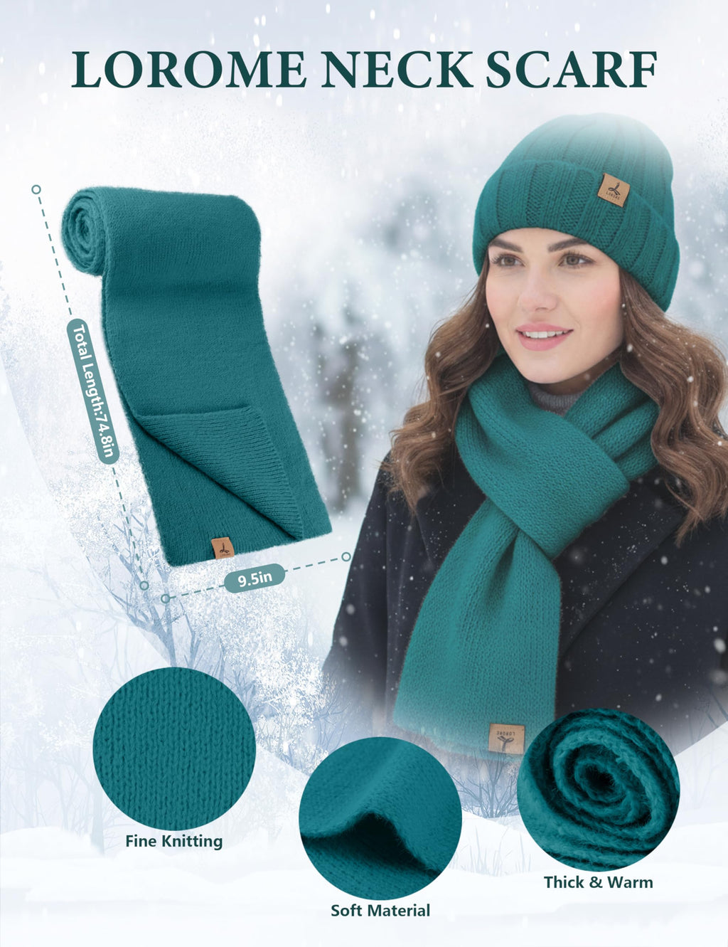 LOROME Winter Beanie Hat Gloves Scarf, Cashmere Hat Gloves Scarf Set Women