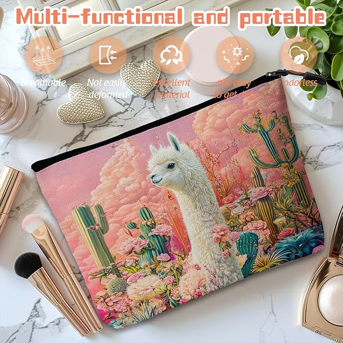 Scribesense Cosmetic Bags Travel Makeup Toilet Case Waterproof Pouch for Women Girls 6.7X9.45inches - White Alpaca Stand BetweenFlowers And Cacti