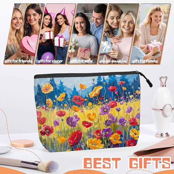 Scribesense Cosmetic Bags Travel Makeup Toilet Case Waterproof Pouch for Women Girls 6.7X9.45inches - Oil Painting of A Colorful Poppy Field