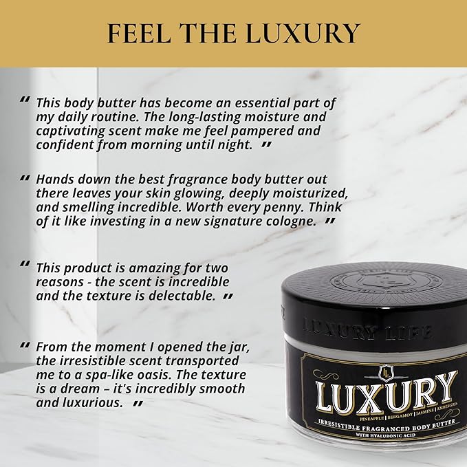 LUXURY LIFE BUTTER - 40% Extrait de Parfum Fragranced Body Butter with Hyaluronic Acid for Ultimate Moisture - Luxurious Room-Filling Natural Fragrances - Non-Greasy, USA Made, Tobacco Vanilla, 5 oz