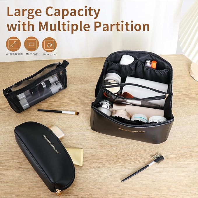zaleeta 3 Pcs Travel Makeup Bag Portable Large Capacity Cosmetic Bags for Women Open Flat Makeup Case Organizer Bag Set of 3 Waterproof PU Leather Toiletry Bags with Divider and Handle (Black, Medium)