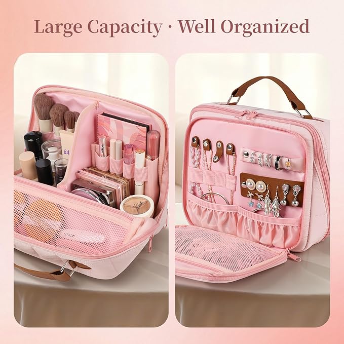 MOKURA Travel Makeup Bag for Women, Large Capacity Standing Make up Pouch, Quilted Waterproof Cosmetic Organizer with Jewelry Compartments, Portable Toiletry Case, Gifts for Women,Red