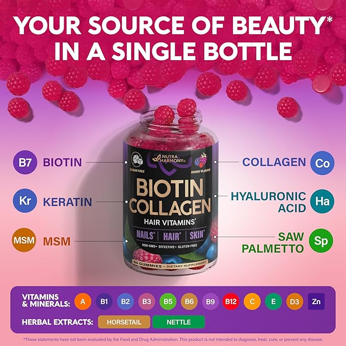 Biotin Gummies for Hair Growth Support - for Women & Men - Berry, Pack of 2