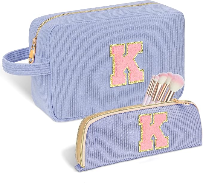 Sernaxi Personalized Initial Makeup Bag Trendy Stuff Corduroy Cosmetic Bag Travel Toiletry Bag, Valentine’s Day Gift Makeup Organizer Case & Makeup Pouch for Women Teen Girls Mom Girlfriend Wife