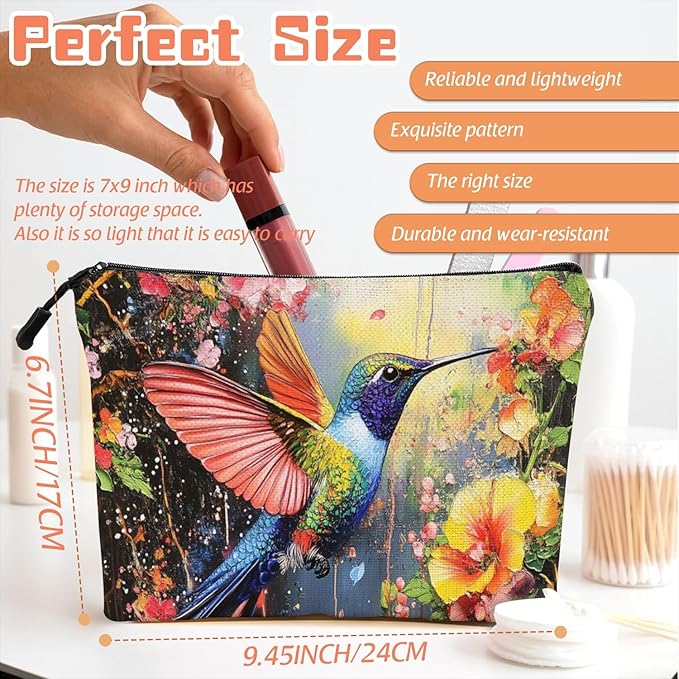 Scribesense Cosmetic Bags Travel Makeup Toilet Case Waterproof Pouch for Women Girls 6.7X9.45inches - Colorful Hummingbird in A Floral Flight
