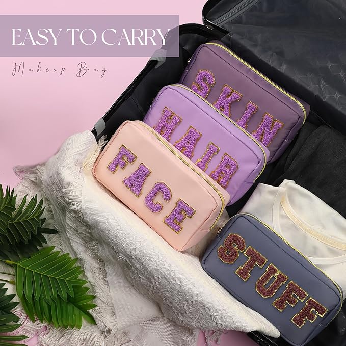 Cunno Preppy Makeup Bags Chenille Letter Stuff Bag Nylon Cosmetic Pouch Cases with Zipper for Women Travel Toiletry(Purple Set,Classic,4 Pcs)