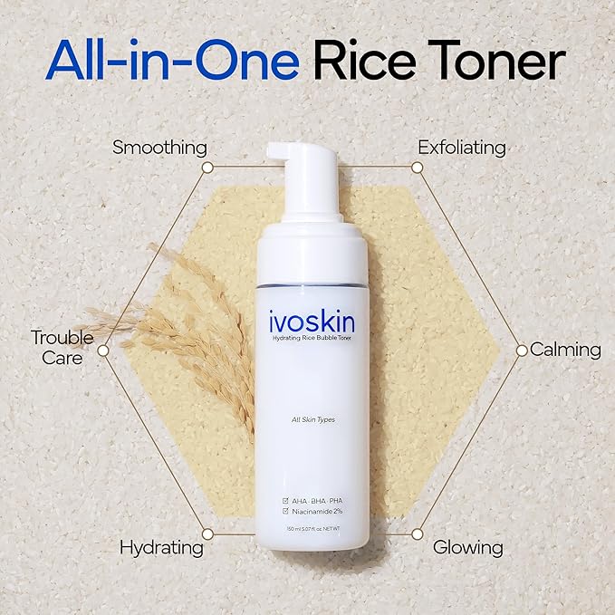 IVOSKIN Rice Milky Bubble Facial Mask, Soothing & Hydrating Face Toner with Black Rice Extract & Niacinamide, Helps Support Skin Barrier and Glow for Sensitive Skin, Korean Skincare (5.07fl oz/ 150ml)