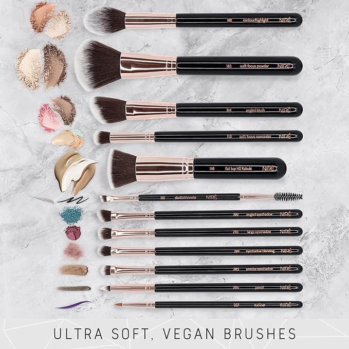 Niré Beauty Professional Makeup Brush Set, 15 Piece Black & Rose Gold