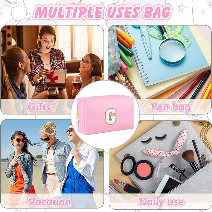 Initial Makeup Bag Personalized Preppy Travel Small Cosmetic Bag Cute PU Pink Chenille Letter Makeup Pouch for Purse Waterproof Zippered Toiletry Organizer for Women Girls Kids Friends (G)