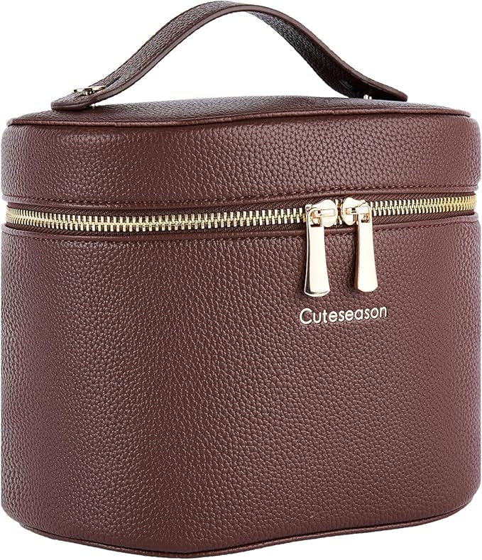 Cuteseason Large Makeup Bag Organizer, PU Leather Makeup Case with Removable Dividers, Waterproof Travel Cosmetic Bag(Brown)